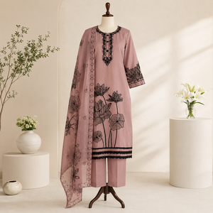 Hermosos trajes de kurta y pantalón bordados en rosa polvoriento y dupatta floral negro, elegantes conjuntos de salwar kameez pakistaníes para fiestas, para damas. - Product Image 1