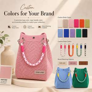 Bolso <span class=keywords><strong>de</strong></span> Ganchillo Estético y Colorido para el Mercado Europeo, MOQ Bajo, Bolso Tipo Cubo Tejido Personalizado con Etiquetas y Etiquetas Colgantes Personalizadas - Product Image 4