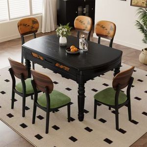 French Retro Solid Wood Dining Table And Chair <b>Set</b> Extendable Round Design For Home Use Small And <b>Large</b> Apartments - Product Image 1