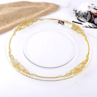 Assiettes de présentation en verre transparent avec bord doré de 33 cm pour Noël, assiettes décoratives en verre pour mariage, vente en gros, faible MOQ