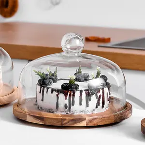 בסיטונאות עוגת stand עץ בסיס-עץ עוגת stand עם זכוכית כיפת כיסוי עבור שקוף אבק כיסוי עם עץ בסיס