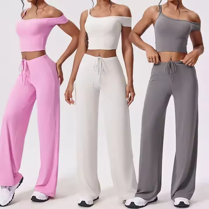 Hot Sale Sports One-Shoulder Crop Top Outdoor Flare Leggings Sports Suits Fitness Yoga Sets For Women