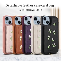 Bandoulière avec fente pour cartes étui pour IPhone 16E 16 Plus 15 Pro Max 14 13 12 11 housse de poche en cuir fleur brodée