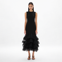 Robe longue trapèze personnalisée pour femme, sexy, noire, en dentelle à cils et maille, à col rond, sans manches, avec volants superposés et dentelle à plusieurs couches