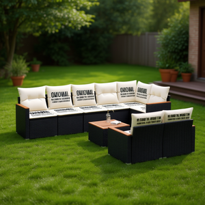 Conjunto de Sofá de Jardín Negro y Crema, Mimbre Sintético PE para Exteriores, Impermeable, Diseño Contemporáneo, Cojines de Espuma de Alta Densidad - Product Image 2