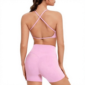 Premium High Quality Ladies Pink 7-Piece Yoga Outfit Cross Back Sports Bra Mid Waist Biker Shorts V-<b>neck</b> Breathable - Product Image 2