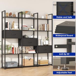Étagères de présentation ouvertes noires pour bureau à domicile <span class=keywords><strong>Etagere</strong></span> Triple Wide Shelf Book Case Tall Bookshelf 3 Drawers Storage Shelves Bookcase - Product Image 6