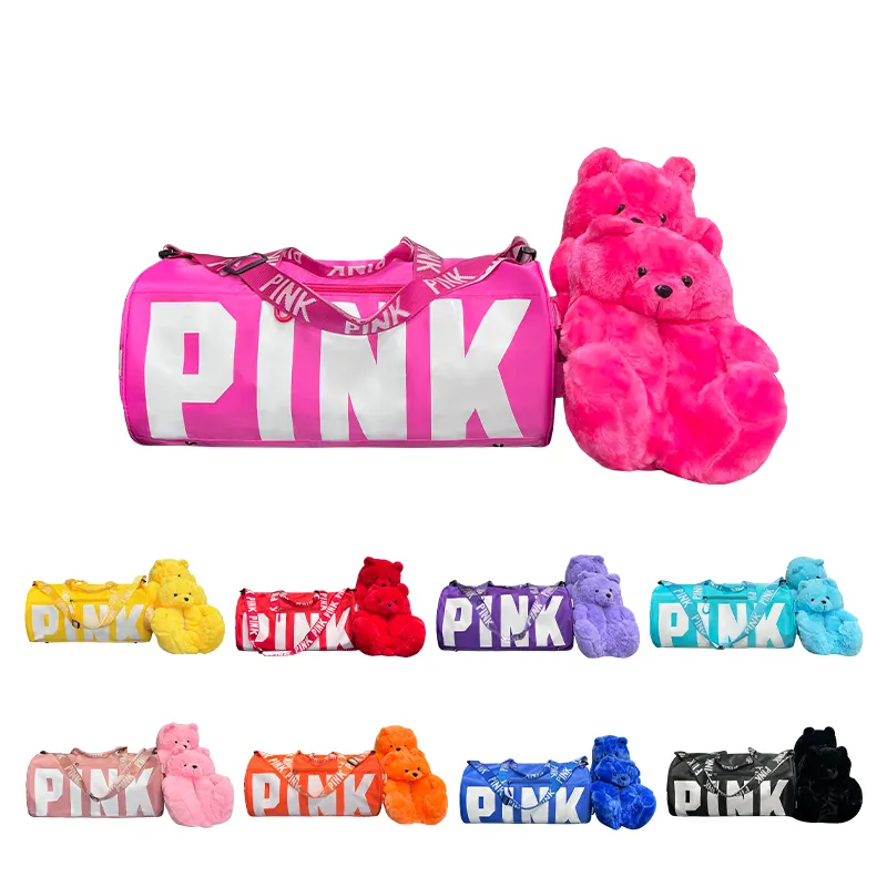 New Hot Sale Fluffy Teddy Bear House Slipper Fashion Pink Bag and Teddy Bear Slippers