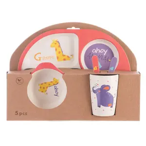 Wholesale set of 5 gift box packing diner set for kids, animal design bamboo plates and fork and knife for children