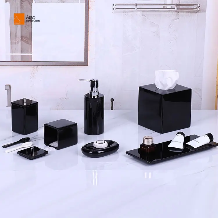 Resin shinny black Bathroom accessories set with Modern Style Household 7pcs Luxury resin Bathroom for Hotels