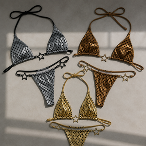 Ensemble de bikini pour femmes à imprimé pois métalliques, haut triangle à col halter, bas string avec décoration étoile, maillot de bain extensible - Product Image 1