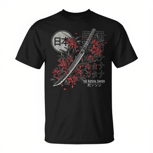 T-shirt promotionnel imprimé au dos avec motif de fleur de lys araignée rouge et épée katana japonaise - Product Image 2