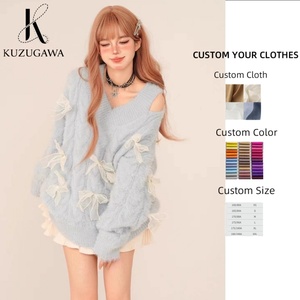 Pulls en tricot pour femmes à col en V, épaules dénudées, manches longues, avec nœud, épais et chauds, couleur unie, style <span class=keywords><strong>chic</strong></span> et doux - Product Image 1