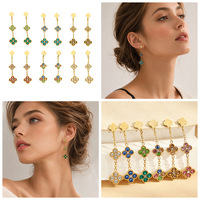 KITI Sprankelende Kleurrijke Klaver Oorbellen met Hangertjes 316 Roestvrij Staal PVD 18K Goud Gecoat Kubieke Zirkonia Ketting Sieraden voor Vrouwen