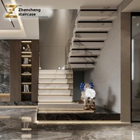 Escalier en marbre sur mesure avec garde-corps en verre pour villa duplex, loft, maison intégrée auto-construite sur mesure