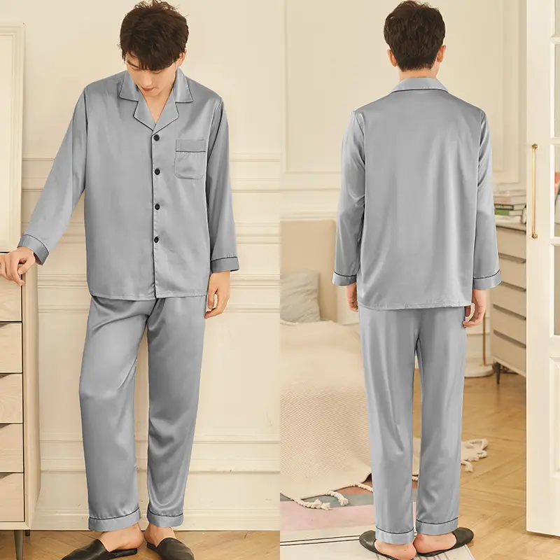 Новое поступление, оптовая продажа, роскошный синий костюм для сна Mom Lover, Мужская одежда для сна, шелковые атласные пижамы для мужчин