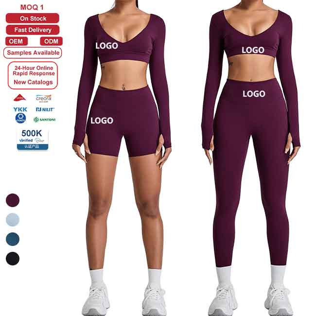 Custom Womens Breathable Soft Stretch Gym Outfit Fitness Training Long Sleeve Top Pants And Shorts 3 Piece Activewear Set