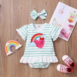 2021 Summer Baby Bodysuit 2 Pcs <strong>Lace</strong> Striped Love Rainbow Short Sleeve Baby <strong>Rompers</strong>+bow Headband Casual Sweet Baby Clothes 0-18M - Product Image 3