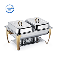 Plat de service rectangulaire de luxe en acier inoxydable argenté avec pieds dorés, double réchaud à buffet, chauffe-plats à alcool