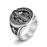 Nouvelle vente chaude Hip Hop Punk Antique acier inoxydable saint Benoît exorciste sainte médaille plaqué or hommes chapelet anneau