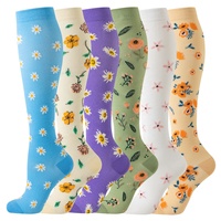 Chaussettes de compression mi-hautes à imprimé floral pour femmes, bas de contention respirants en nylon, motifs colorés, pack de vente en gros OEM