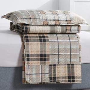 <strong>Neutral</strong> Tones Plaid Patchwork Quilted <strong>Bedding</strong> <strong>Set</strong> with Cotton Patchwork Quilted <strong>Bedding</strong> <strong>Set</strong> with Cotton Bed Cover Beauty - Product Image 3