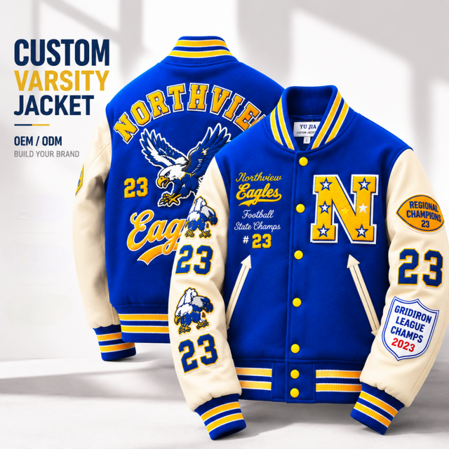 Custom Logo Varsity Jacket Men Royal Blue Wool Body Cream Leather Sleeves Letterman Jacket Chenille Patch Embroidery OEM Factory