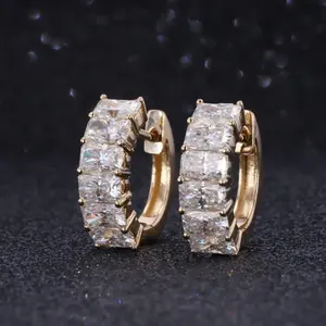 Perhiasan Mewah 14K Emas Padat Berseri Potongan Moissanite Hoop Earrings untuk Wanita