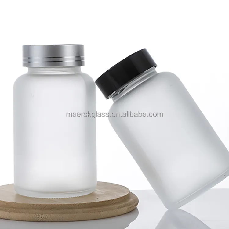 Botellas de cápsula de vidrio esmerilado de alta calidad de 200ml con tapa Matel, botella de cápsula de vidrio esmerilado redonda, soporte personalizado