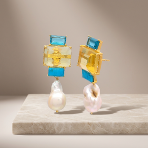 Pendientes Colgantes Hechos a Mano en Plata de Ley con Perla Barroca, Turquesa y Piedras de Limón - Moda Boho de Tendencia - Product Image 3