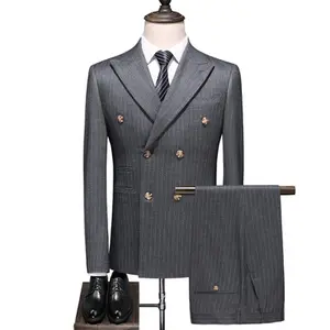 Atacado terno cinza de grandes dimensões-Nanchang xihui terno masculino listrado, trajes duplos tamanho grande três peças