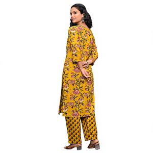 Salwar Kameez en coton jaune moutarde imprimé floral pour femme, manches 3/4, style vintage, pour l'été, les fêtes ou le quotidien, tenue ethnique indienne, coupe classique - Product Image 1