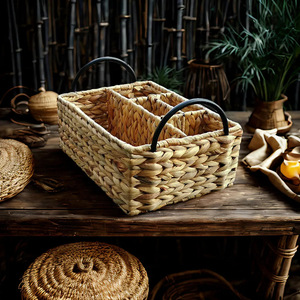 Woven Kitchen <b>Storage</b> <b>Basket</b> <b>Rectangular</b> Compartmentalized Handmade For Tableware Chopsticks Cutlery Organizer - Product Image 4