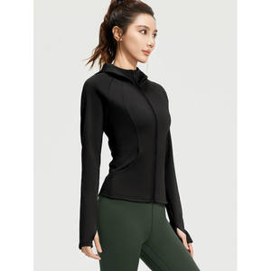 Chaqueta de punto para mujer con cintura elástica, manga larga, cremallera, capucha, de secado rápido, para fitness, color negro - Product Image 1
