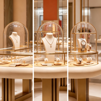 Vitrine de présentation de bijoux ronde de luxe, cadre en métal doré, dessus en verre, comptoir d'îlot pour bijoux avec plateaux de présentation, boutique personnalisée