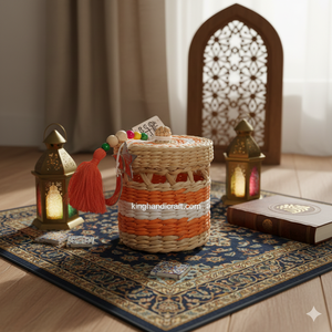 Handwoven Natural Fiber <b>Storage</b> <b>Basket</b> with <b>Wooden</b> Lid - Eco-Friendly Ramadan & Eid Decor Organizer for Sustainable Home Living - Product Image 4
