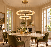 Lustre double niveau en albâtre organique, lampe suspendue ronde en laiton pour projet d'éclairage intérieur de villa, hôtel, hall