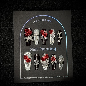 <span class=keywords><strong>Uñas</strong></span> Postizas de Lujo Hechas a Mano <span class=keywords><strong>con</strong></span> Diseño 3D de <span class=keywords><strong>Rosa</strong></span> Roja y Lazo Plateado, <span class=keywords><strong>Uñas</strong></span> Artificiales Reutilizables para Salón de Belleza - Product Image 2
