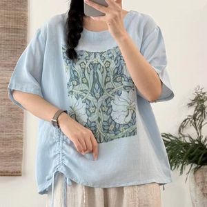 Women's Loose Cotton <b>Linen</b> T-Shirt <b>Plus</b> <b>Size</b> Drawstring Printed Asymmetric Short Sleeve Casual <b>Top</b> Summer Wear - Product Image 2