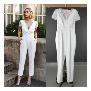 12634# Real Photos V-neck Appliques Lace Short Sleeves Wedding Dress Bridal Jumpsuit For Women Illusion Back Custom Made