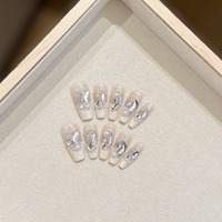 Faux ongles à presser faits main, gris gothique ombré, avec croix argentée 3D, réutilisables, longs, forme cercueil, à coller