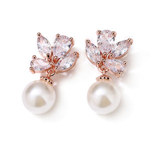 Boucles d'oreilles RAKOL EP1137 luxueuses en argent plaqué or rose, avec cristaux de zircon et grandes perles, pour mariage - Product Image 5