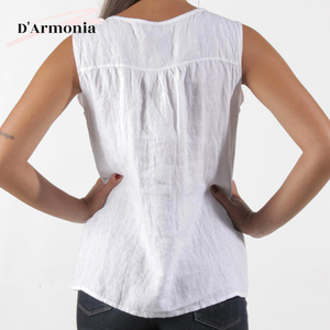 Blusas de mujer blancas de estilo bohemio personalizadas y camisa corta informal para verano de talla grande patrón sólido con decoración de cuentas - Product Image 6