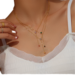 Collier chaîne à maillons en acier inoxydable plaqué or 18 carats pour femmes, avec zircon cubique arc-en-ciel - Product Image 1