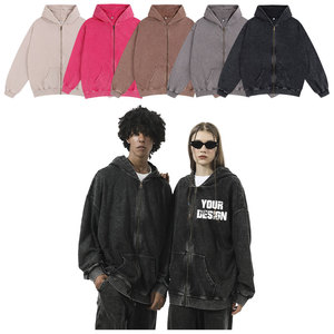 Custom 100% Cotton Acid <b>Washed</b> Zip Men Hoodie French Terry Embroidered Hoodie with Print Pattern Drop Shoulder - Product Image 6