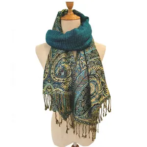 Autumn winter luxury ethnic paisley jacquard pashmina shawl scarf tassel oversized scarves wholesale