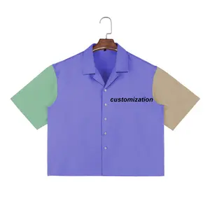 Stitching Contrast Color Cuban Collar Shirts Custom Logo Printing Button up Designer Bowling Shirts For Men