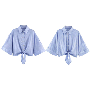 Chemisier court ample à nœud sur le devant et manches larges pour femme, coupe décontractée et carrée, manches courtes, style vintage, personnalisé 2026, OEM/ODM par usine chinoise - Product Image 1