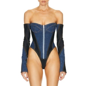 OOTD Prix Bas Haute Qualité Automne Personnalisé Body en Jean Manches Longues 100% Coton Denim Sexy Body Asymétrique à Une Épaule - Product Image 1