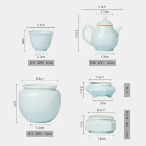 Juego de té de cerámica Zhong's Kiln, tetera de 6 piezas, taza de té de porcelana Ru, tazón de té de cerámica Kung Fu, juego de caja de regalo para invitados de oficina en casa